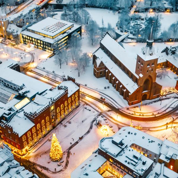 Dronefoto rådhus og domkirke sne og lys