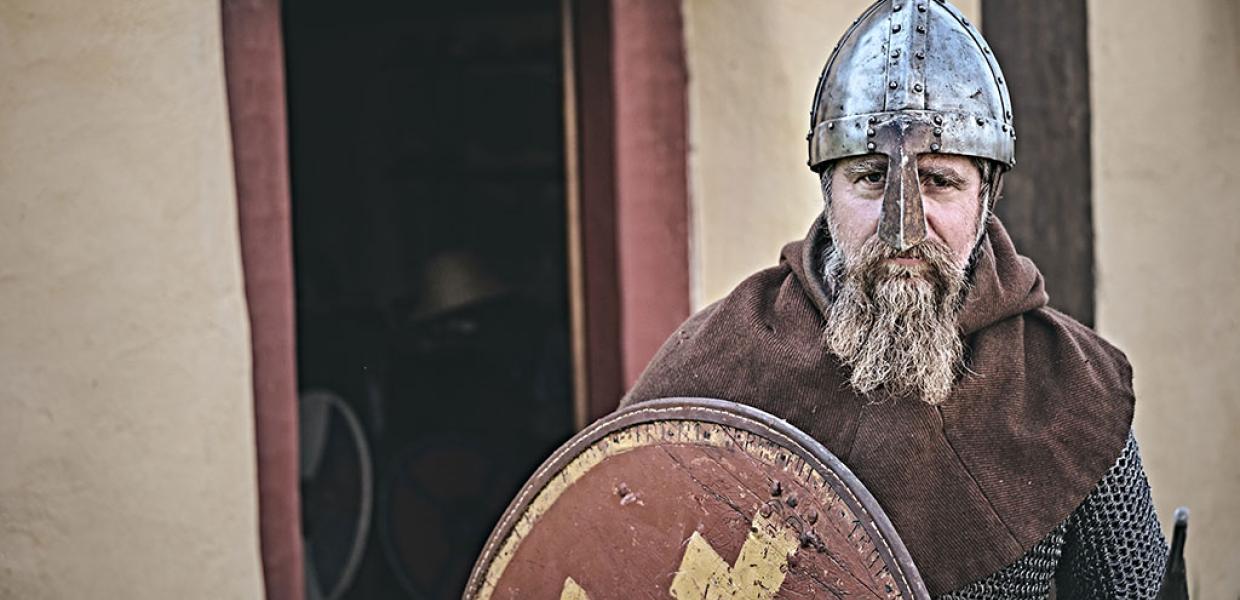 Viking med hjelm og skjold