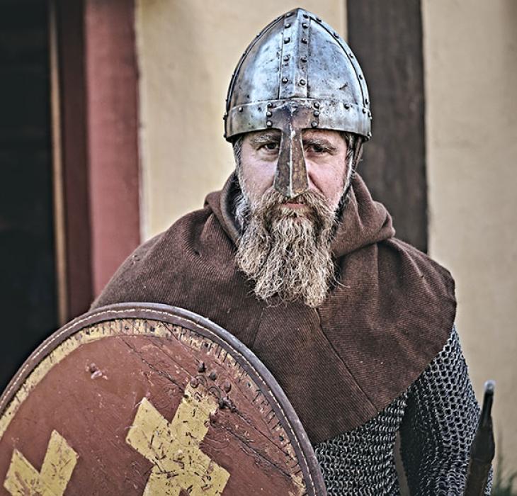 Viking med hjelm og skjold